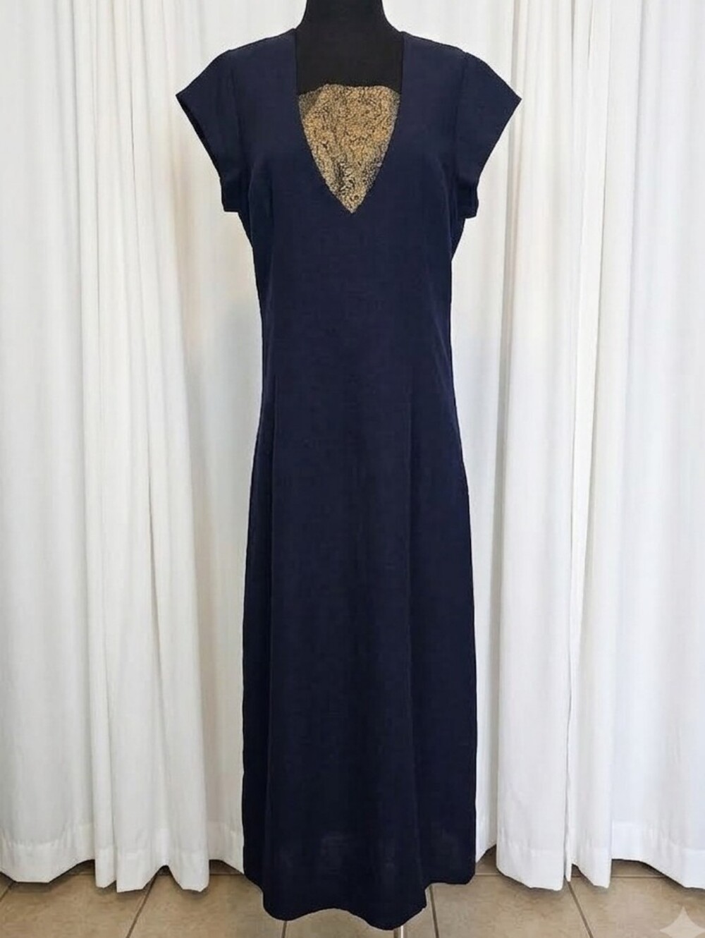 J. Peterman 100% Silk Navy Maxi Dress with Gold Lace V-Detail